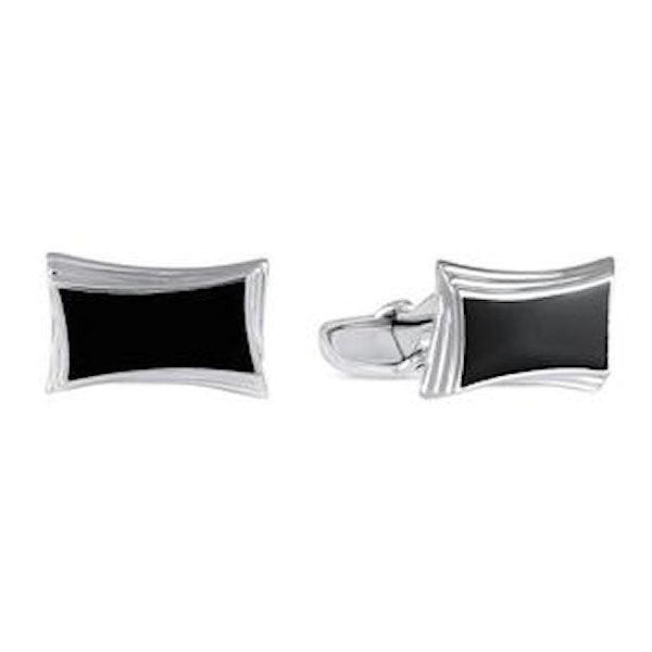 Sterling silver onyx cufflinks by T.M.J, elegant men's jewelry with polished black onyx stones and sleek silver finish.