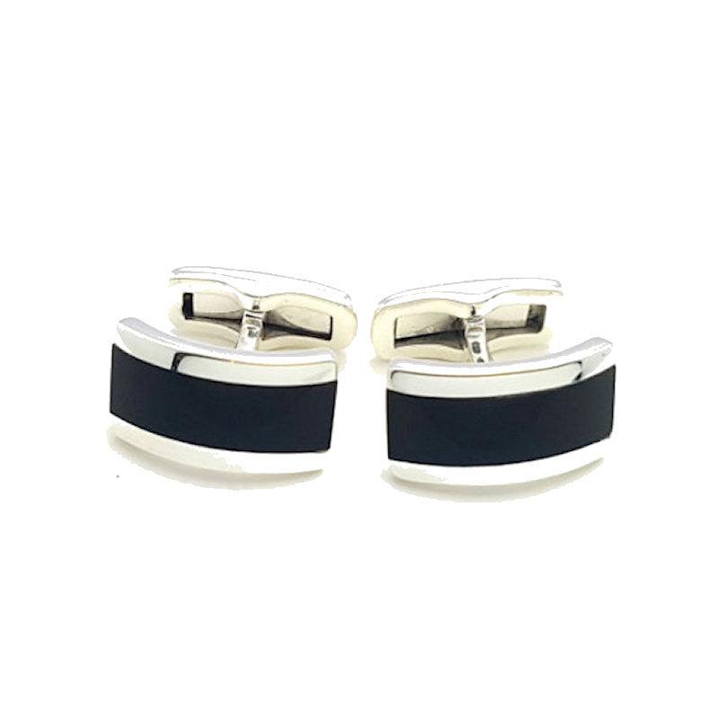 Sterling silver onyx cufflinks by T.M.J featuring sleek, elegant men's jewelry design with polished onyx stones.
