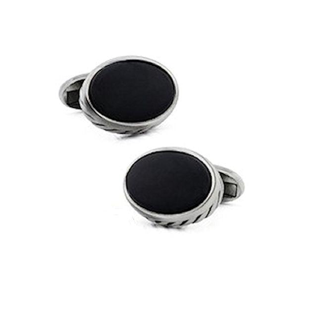 T.M.J black agate stone cufflinks with polished finish, elegant men's jewelry accessory for formal attire.