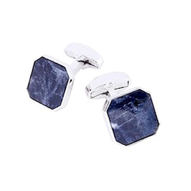 T.M.J Sodalite stone cufflinks for men featuring a hexagon design, crafted with polished blue sodalite stones and silver settings.