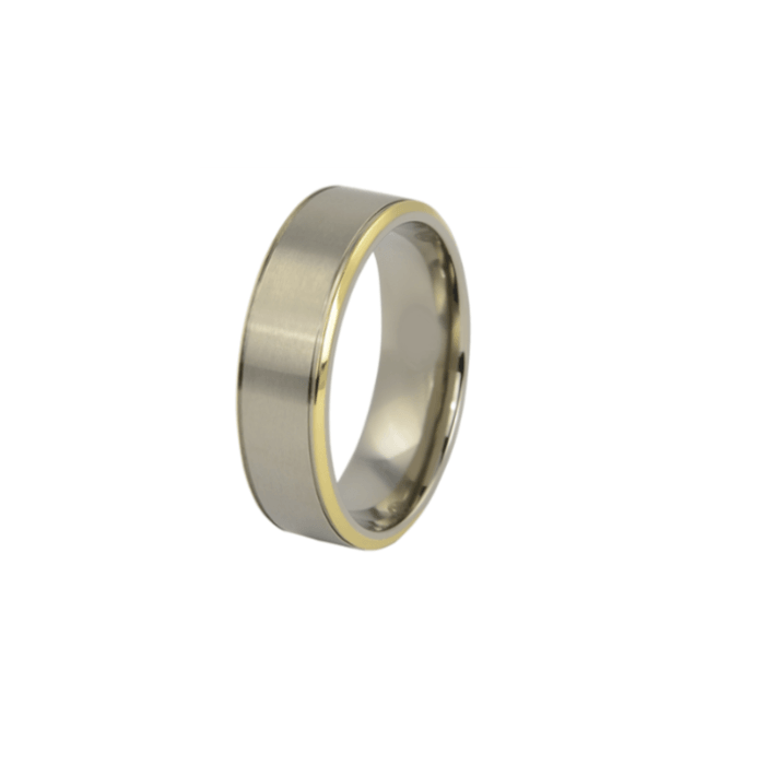 Titanium ring with gold edge and satin finish top, crafted by T.M.J, showcasing a sleek and elegant design.
