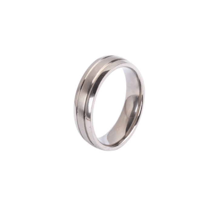 Titanium ring with 8mm thin cut center, satin finish on the top and polished sides, by T.M.J.