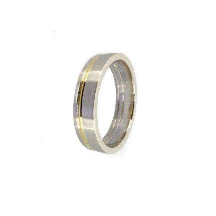 Titanium satin finish ring with gold inlay, 7mm width, by T.M.J, showcasing its smooth, polished surface and elegant design.