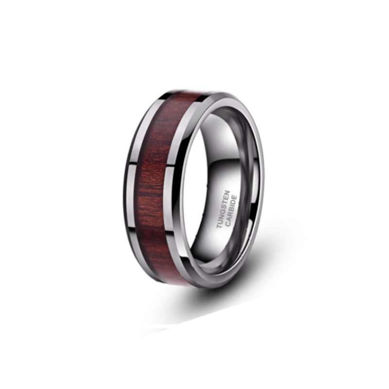 Silver tungsten carbide ring with walnut wood inlay, 8mm wide, showcasing a sleek, modern design for men's jewelry.
