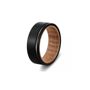 Black tungsten ring with whiskey oak barrel design, satin finish, 8mm width by T.M.J, The Winner collection.