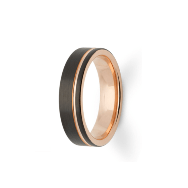 Black and rose gold tungsten carbide ring for men, 6mm wide, with a sleek, polished finish and T.M.J branding.
