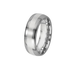 Silver tungsten carbide ring with polished and brushed finish, featuring a sleek edge design, by T.M.J Tungsten Rings.