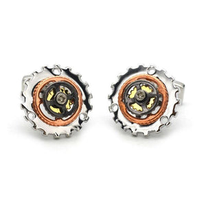 Silver mechanical watch movement cufflinks by T.M.J featuring rotatable bicycle gear design for men's formal wear.