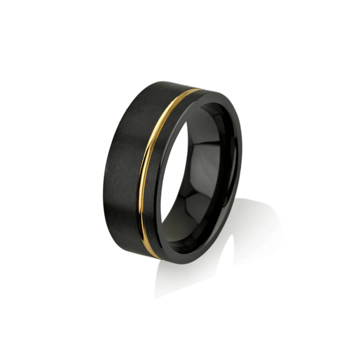 Black zirconium satin finish ring with yellow gold polish stripe, 8mm zirconium ring by T.M.J.