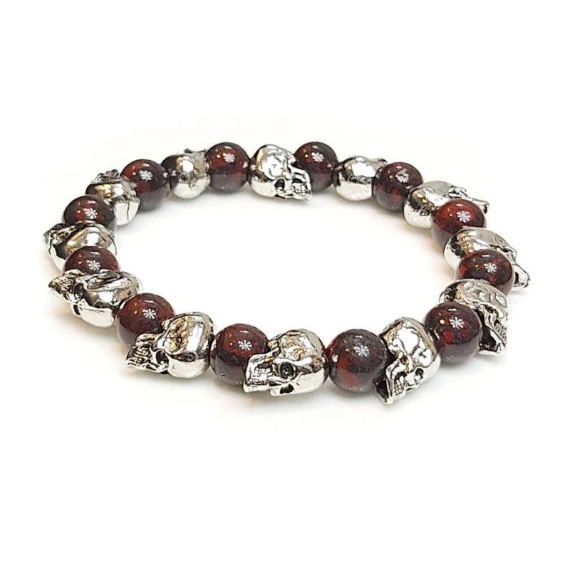 Blood Stone Jasper and Stainless Steel Skull Bracelet