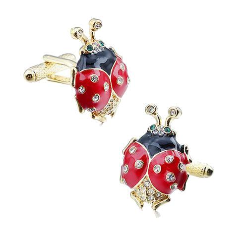 TMJ red and black enamel novelty ladybug cufflinks for men with gold tone and crystal accents