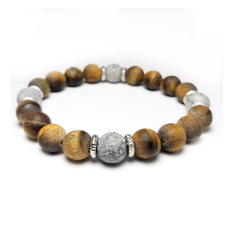 Matte Tiger Eye and Gray jasper Bead BraceletThis 10mm Tiger Eye elasticated bead bracelet with a 10MM stainless steel spacer bead. This a true piece of art you'll be proud to own and happy to wear for any occaBead BraceletsT.M.JTheodore Men's JewelryMatte Tiger Eye