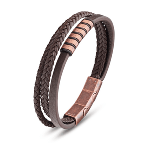 Stainless steel men's leather bangle bracelet with patina rose beads, stylish accessory with leather and metallic accents.
