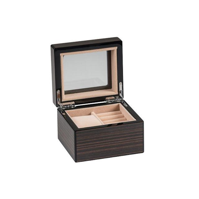 Jon Von Arx Collection walnut watch and cufflink box with glass lid and beige interior compartments