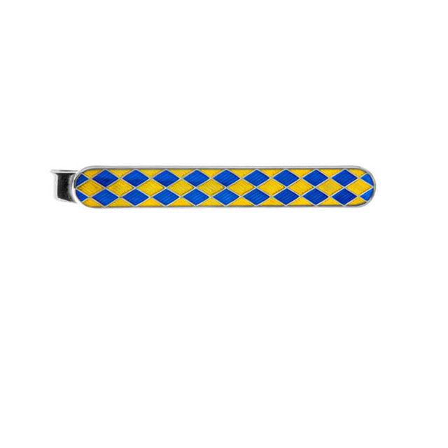 Dalaco yellow and blue enamel tie bar with checkered pattern and silver metal base